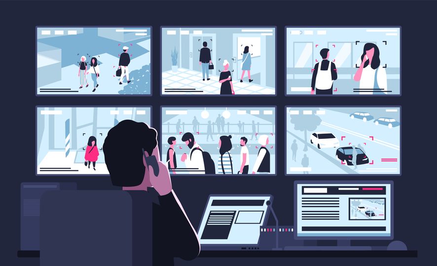 A cartoon depiction of a man watching screens that have CCTV footage