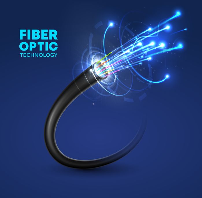 A degitial render depicting fiber optic cable internet with the words "Fiber Optic Technology"