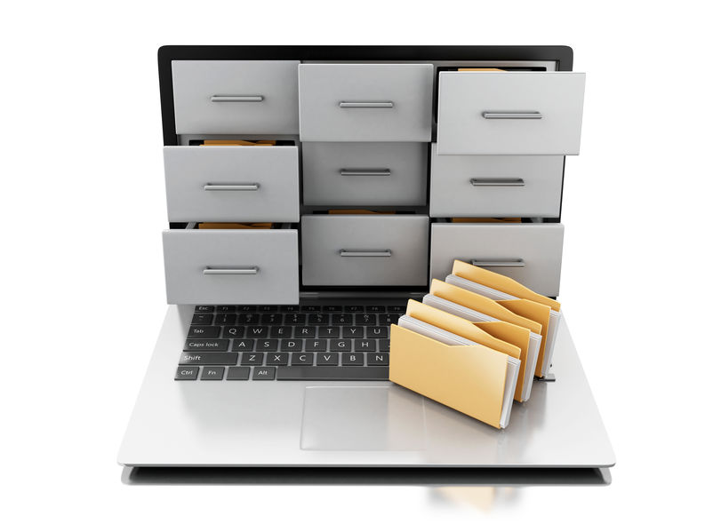 A rendered image of file cabinets and folders on a laptop- showing the importance of organization.
