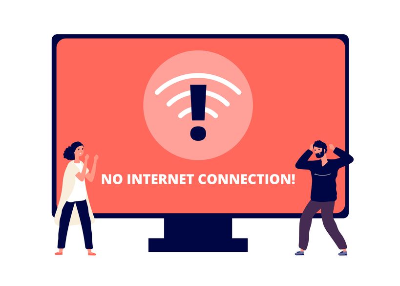 a cartoon of two people in front of a monitor that says "No internet"- symbolizing a lack of connectivity.