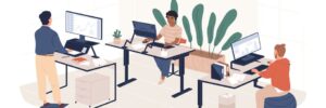 A graphic of people in an office, one has a yoga ball as a chair, one has a classic chair, and one has a standing desk.
