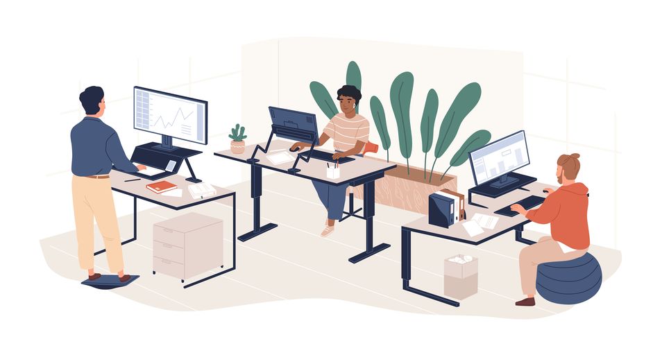 A graphic of people in an office, one has a yoga ball as a chair, one has a classic chair, and one has a standing desk.